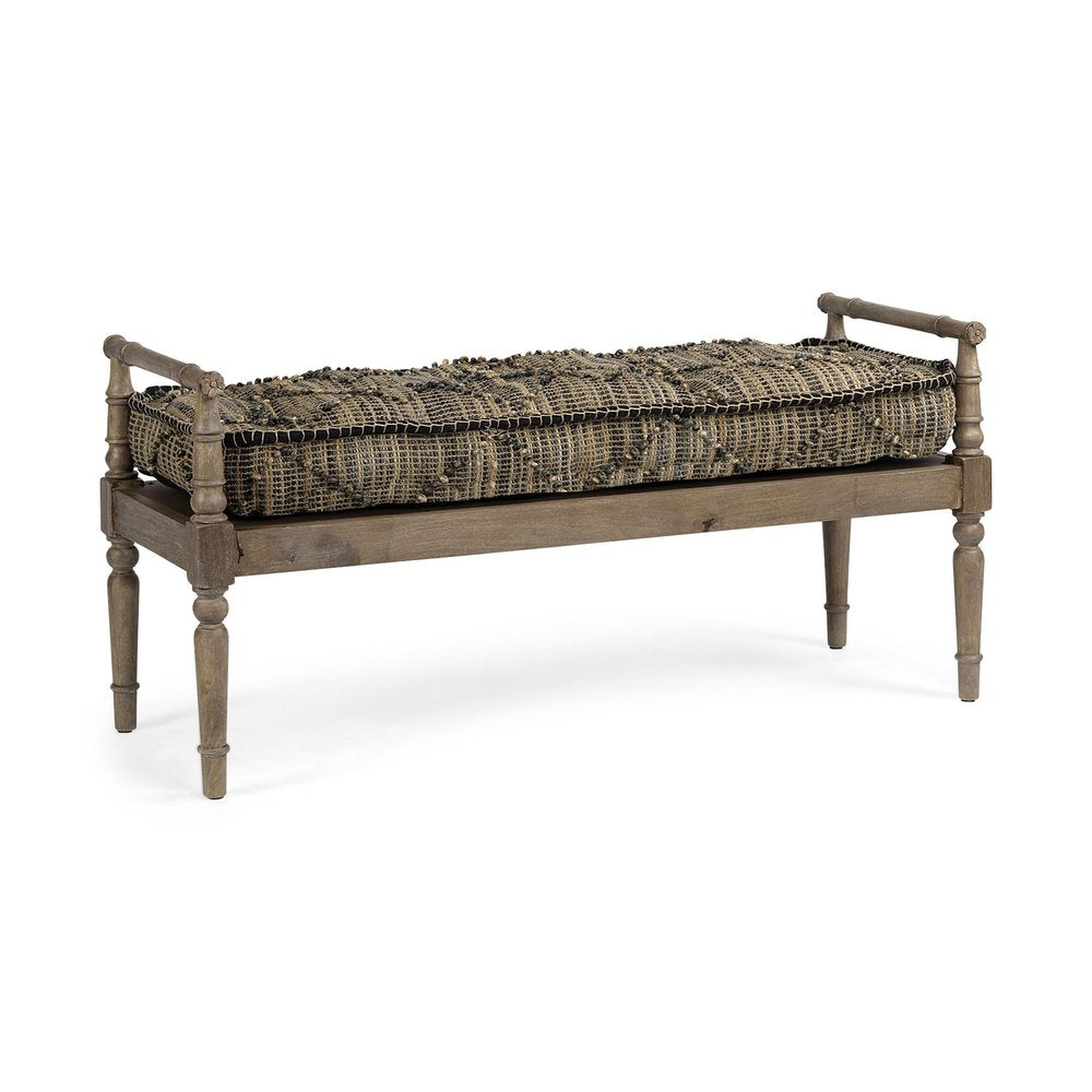 57" Beige And Brown Upholstered Cotton Blend Bench. Bench isolated on a plain white background, finished in beige cotton.