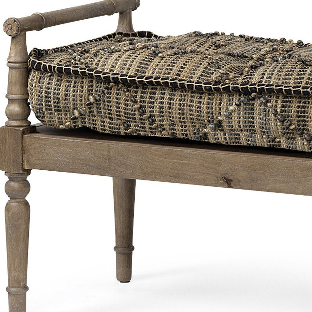 57" Beige And Brown Upholstered Cotton Blend Bench. Bench isolated on a plain white background, finished in beige cotton.