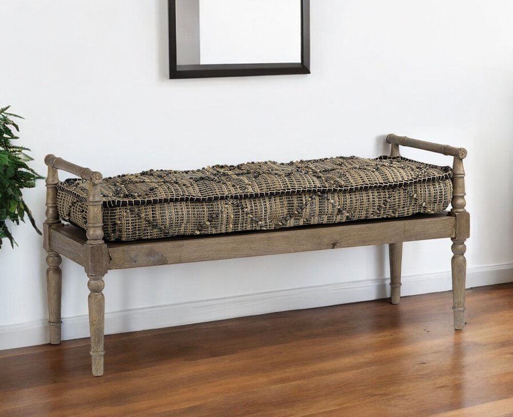 57" Beige And Brown Upholstered Cotton Blend Bench. Bench in black cotton.
