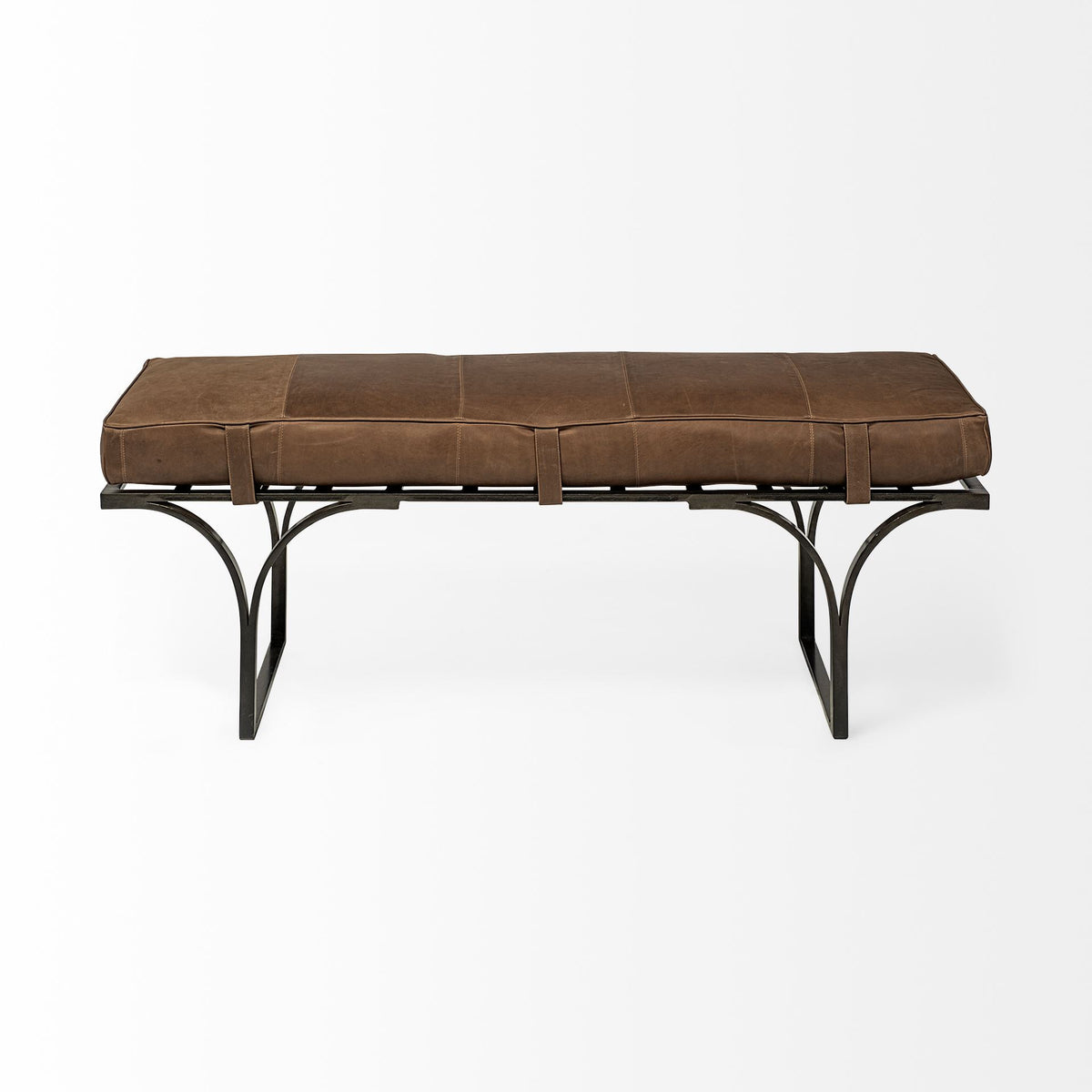 55" Brown and Black Genuine Leather Upholstery Bench. Bench isolated on a plain white background, showing a black leather surface.