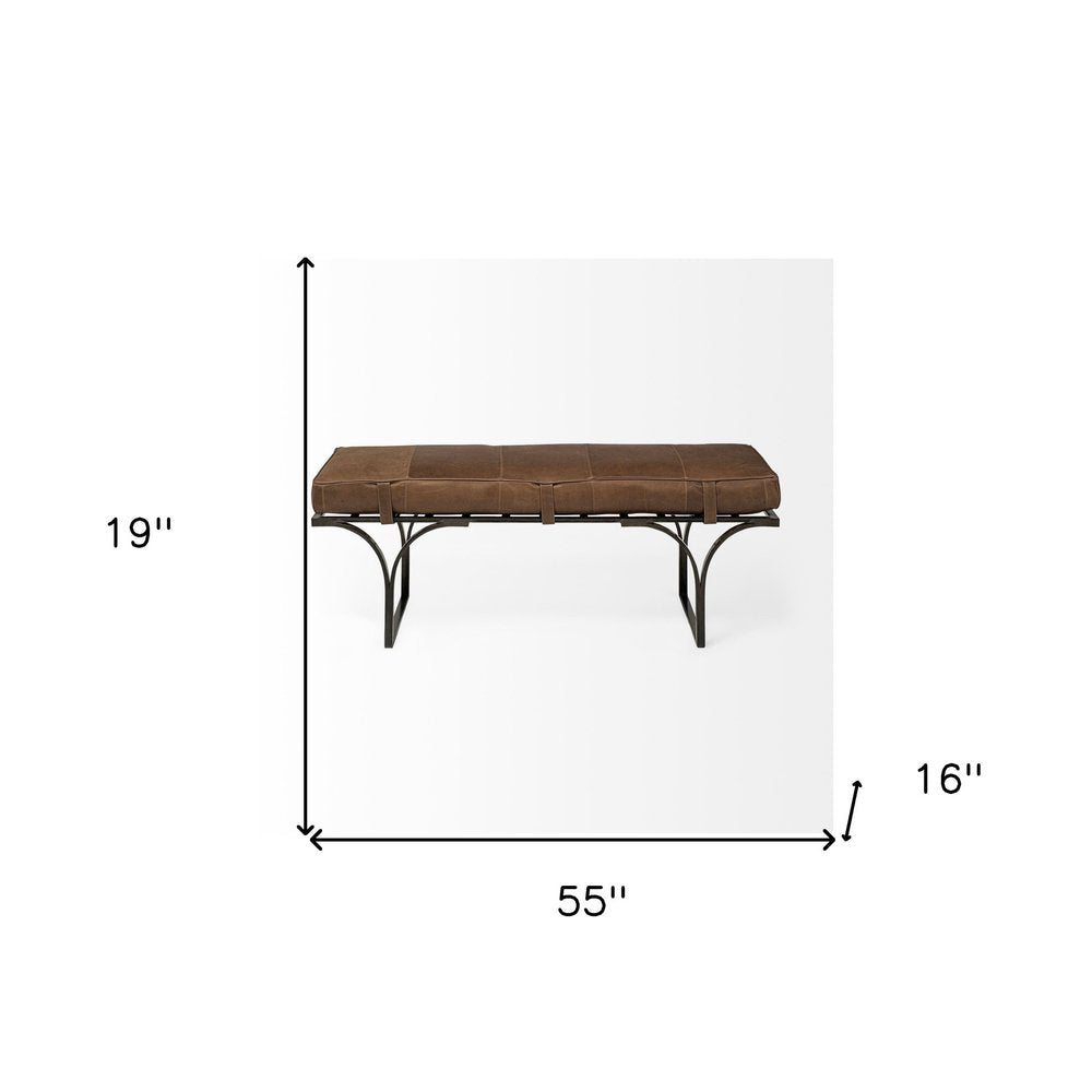 55" Brown and Black Genuine Leather Upholstery Bench. Bench isolated on a plain white background, finished in black leather.