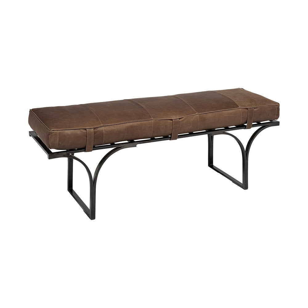 55" Brown and Black Genuine Leather Upholstery Bench. Bench isolated on a plain white background, in a black leather finish.