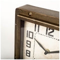 Square Bronze Toned Metal Desk Table Clock With Traditional Black Numbers And Hands on a white background