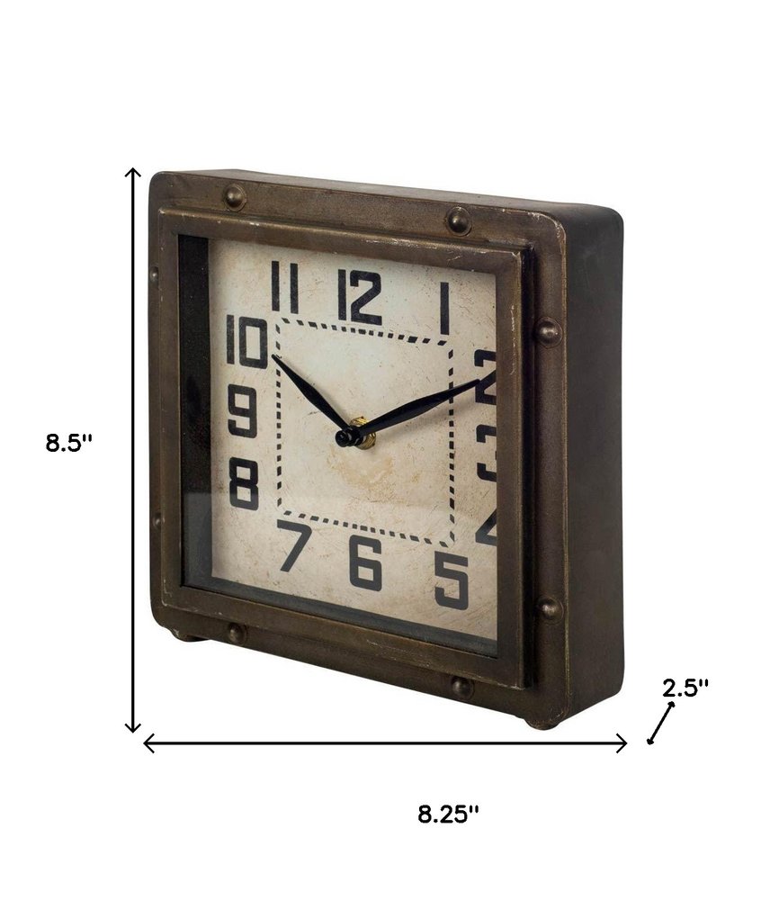 Square Bronze Toned Metal Desk Table Clock With Traditional Black Numbers And Hands on a white background