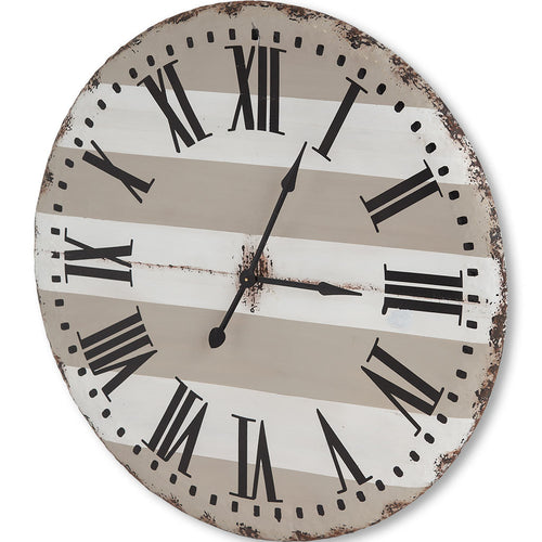Gray and white striped metal analog wall clock with Roman numerals on a white background.