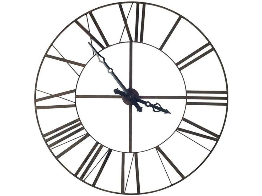 50" Circle Black Metal Skeleton Wall Clock. Wall clock isolated on a plain white background, showing a black metal surface.