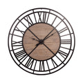 Large round black metal and solid wood skeleton wall clock with Roman numerals on a white background.