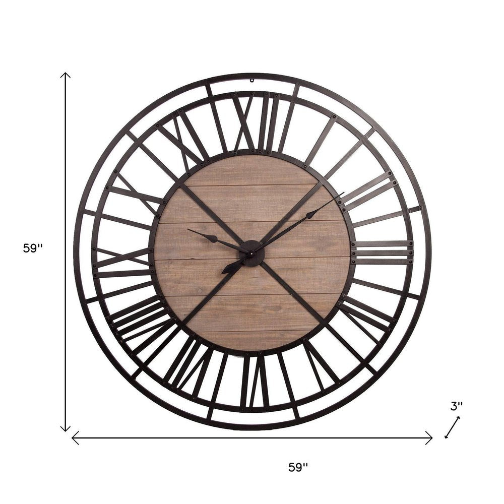 59" Black And Brown Metal and Solid Wood Skeleton Circle Wall Clock. Wall clock isolated on a plain white background, finished in black wood.
