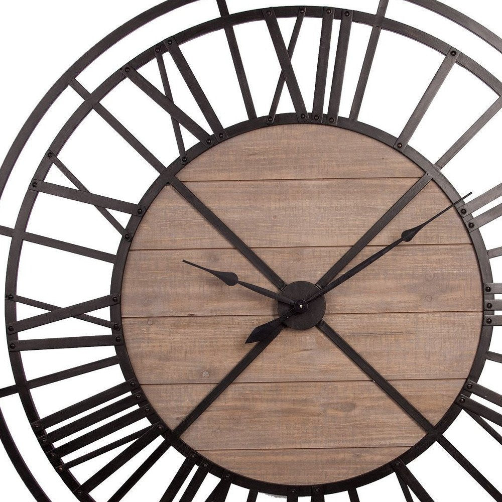 59" Black And Brown Metal and Solid Wood Skeleton Circle Wall Clock. Wall clock isolated on a plain white background, finished in black wood.