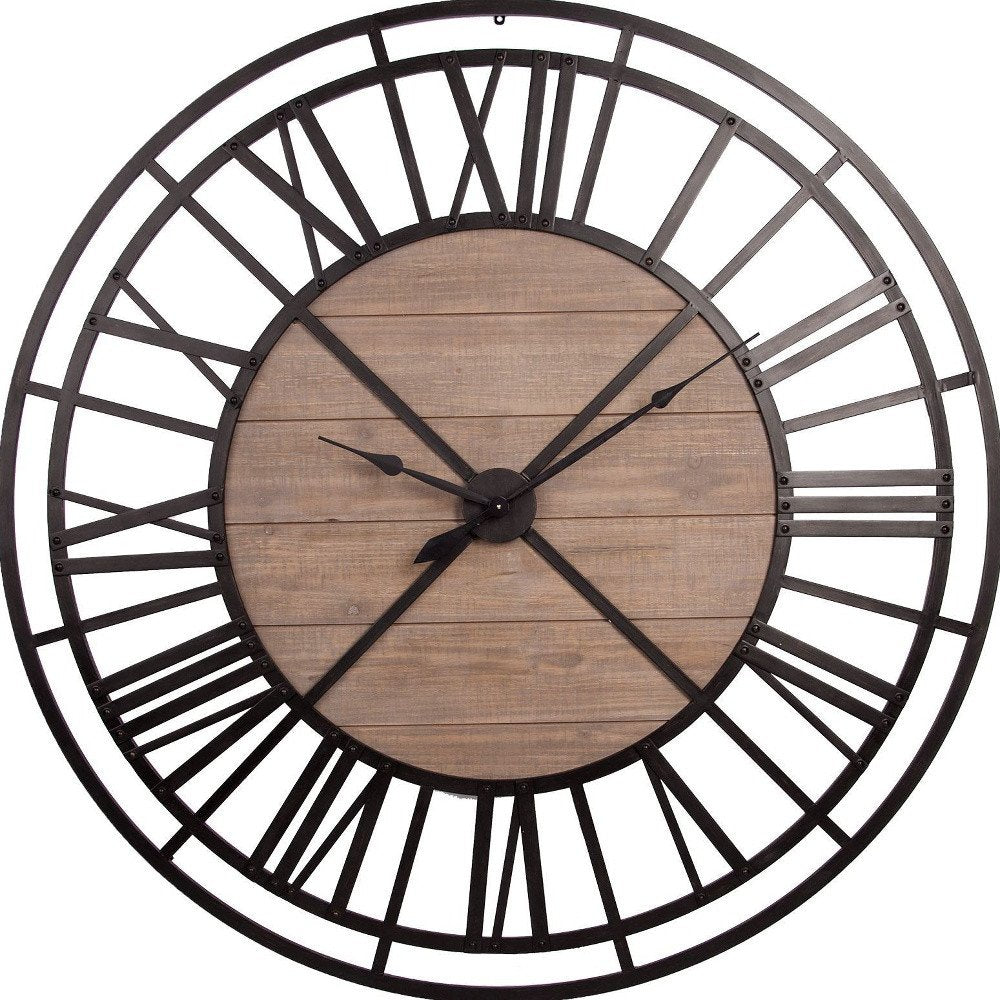 59" Black And Brown Metal and Solid Wood Skeleton Circle Wall Clock. Wall clock isolated on a plain white background, showing a black wood surface.