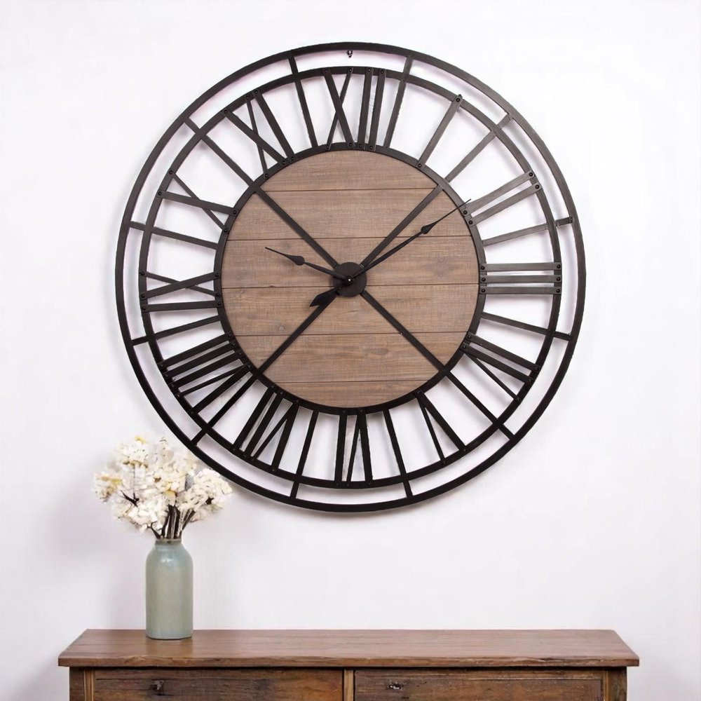 59" Black And Brown Metal and Solid Wood Skeleton Circle Wall Clock. Wall clock isolated on a plain white background, showing a wood surface.