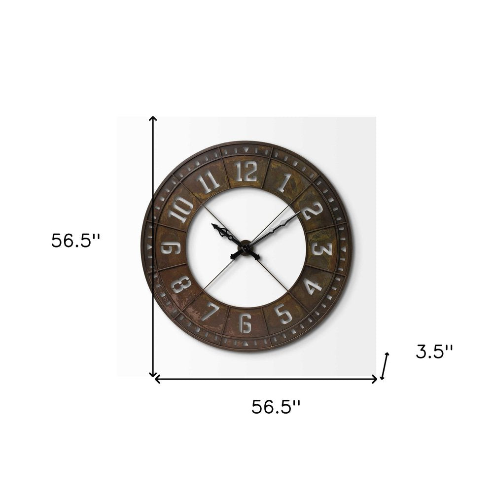 57" Round Industrial Brown Wall Clock. Wall clock isolated on a plain white background, showing its brown color.