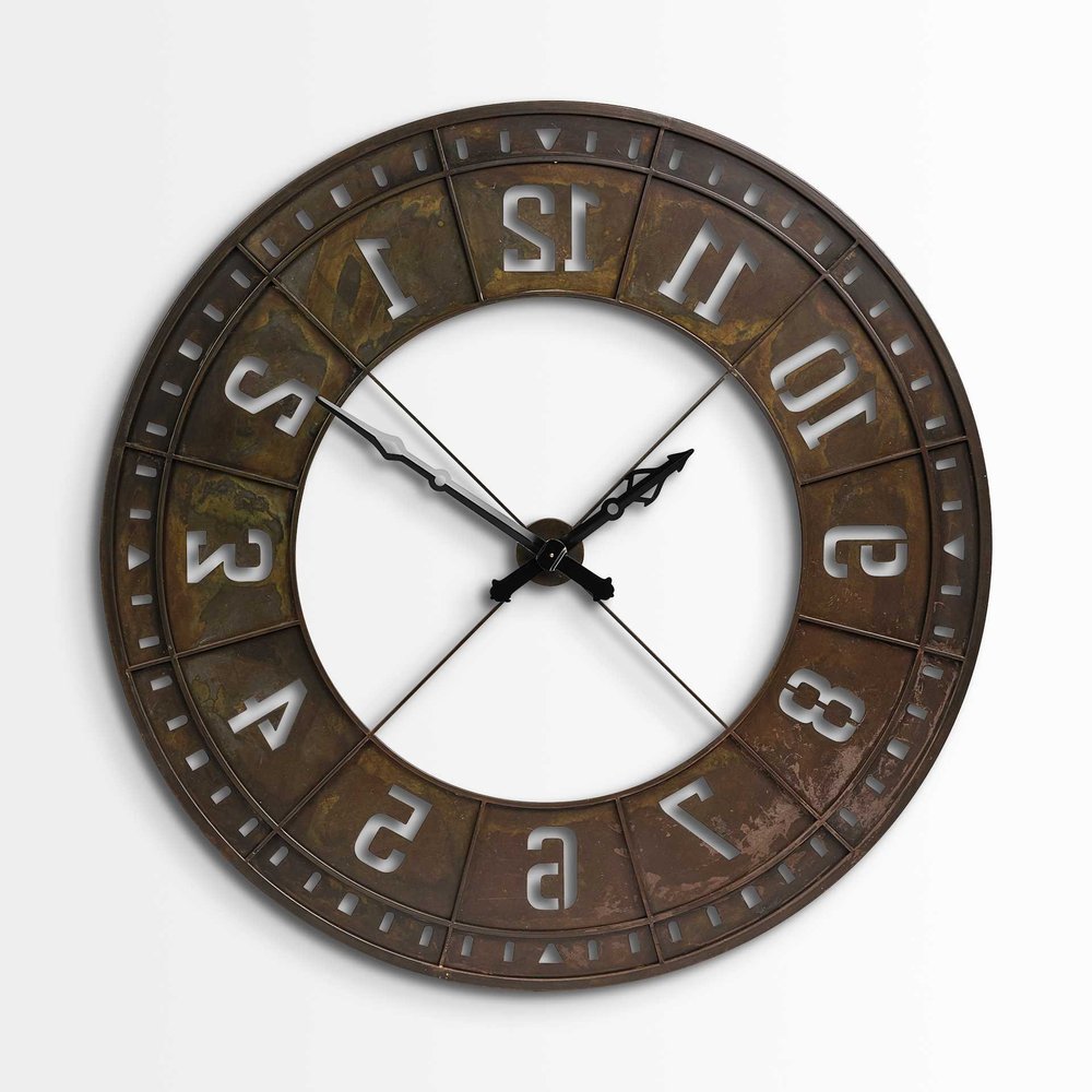 57" Round Industrial Brown Wall Clock. Wall clock isolated on a plain white background, in a brown finish.