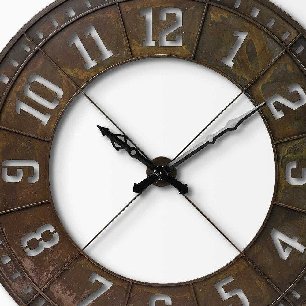 57" Round Industrial Brown Wall Clock styled in a furnished interior with a dark brown wall on a dark wood floor.