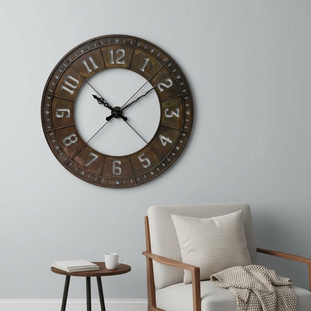 57" Round Industrial Brown Wall Clock. Wall clock in brown.