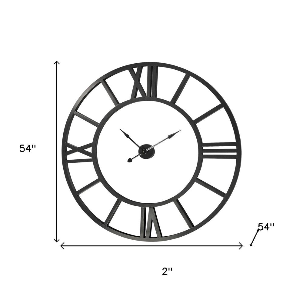 54" Round Xl Industrial Style Wall Clock With Open Face Desing. Wall clock isolated on a plain white background, finished in black.