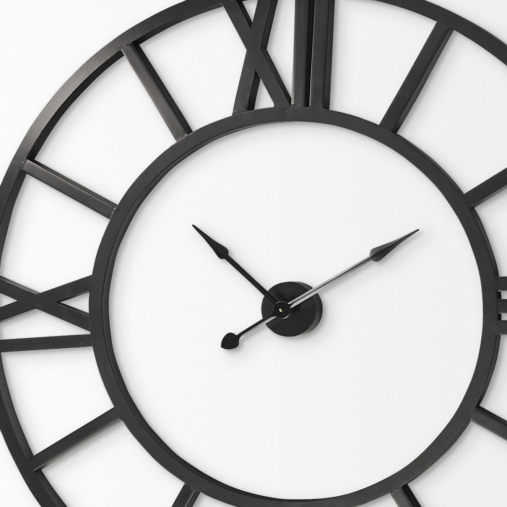 54" Round Xl Industrial Style Wall Clock With Open Face Desing. Wall clock isolated on a plain white background, in a black finish.