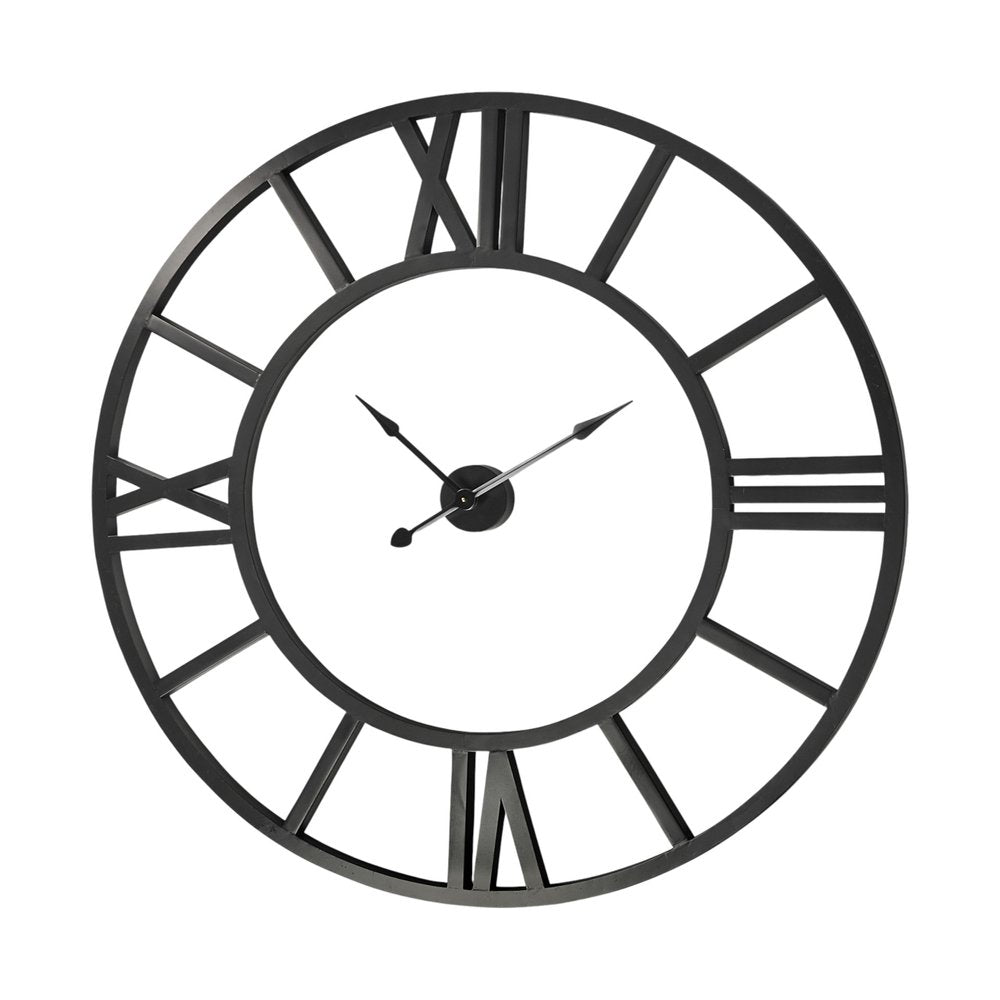 54" Round Xl Industrial Style Wall Clock With Open Face Desing. Wall clock isolated on a plain white background, in a black finish.
