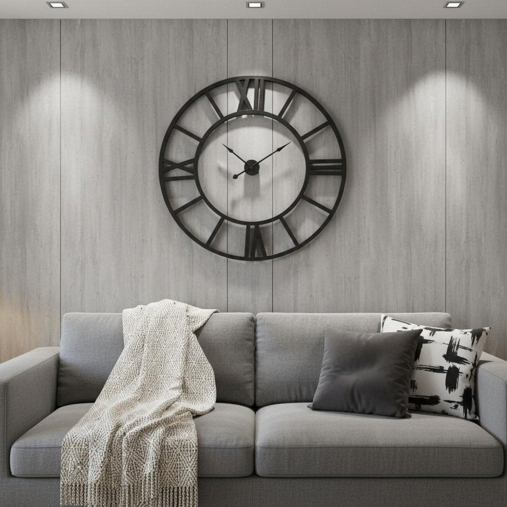 54" Round Xl Industrial Style Wall Clock With Open Face Desing. Wall clock in black.