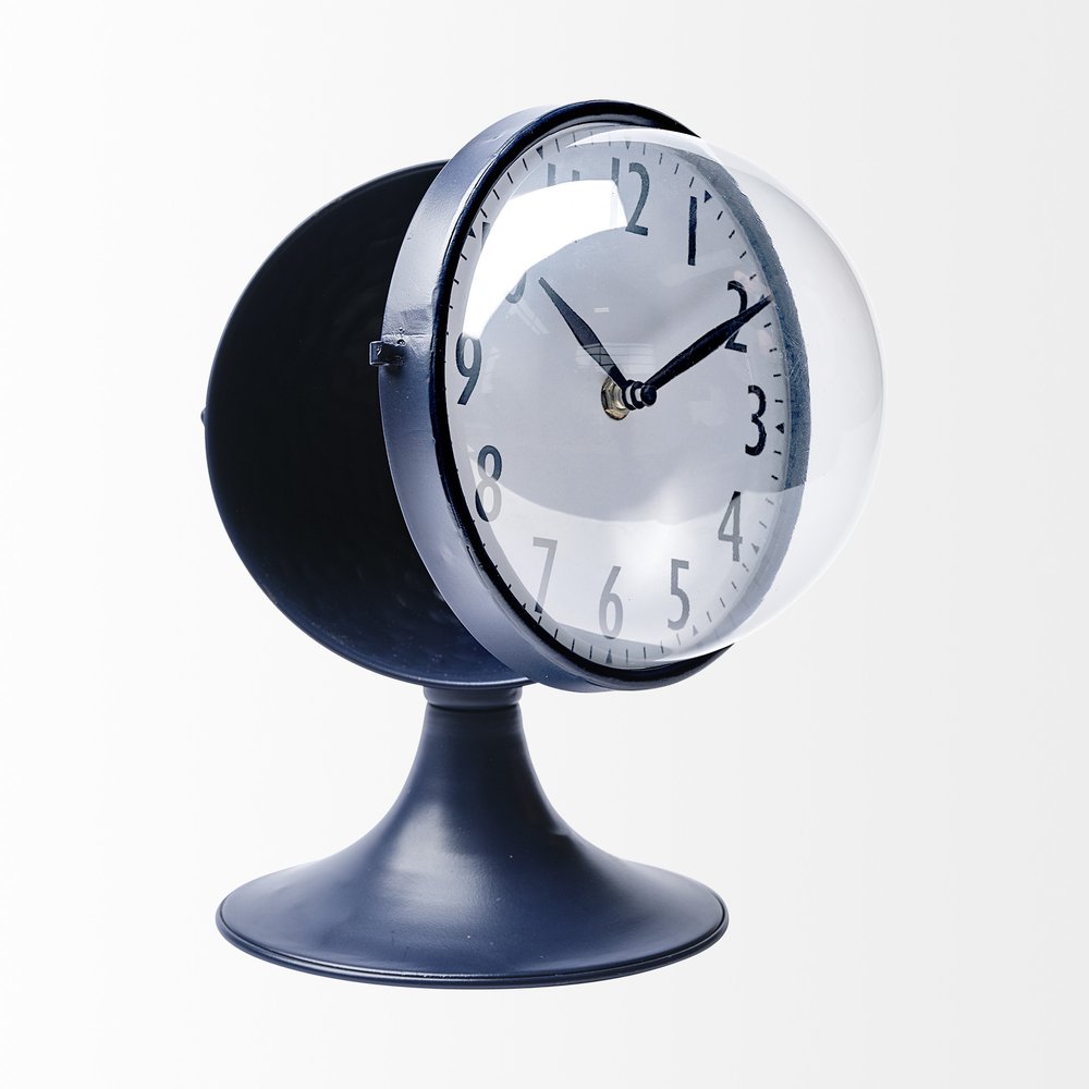 Blue Metal Glass Dome Desk Table Clock on a white background