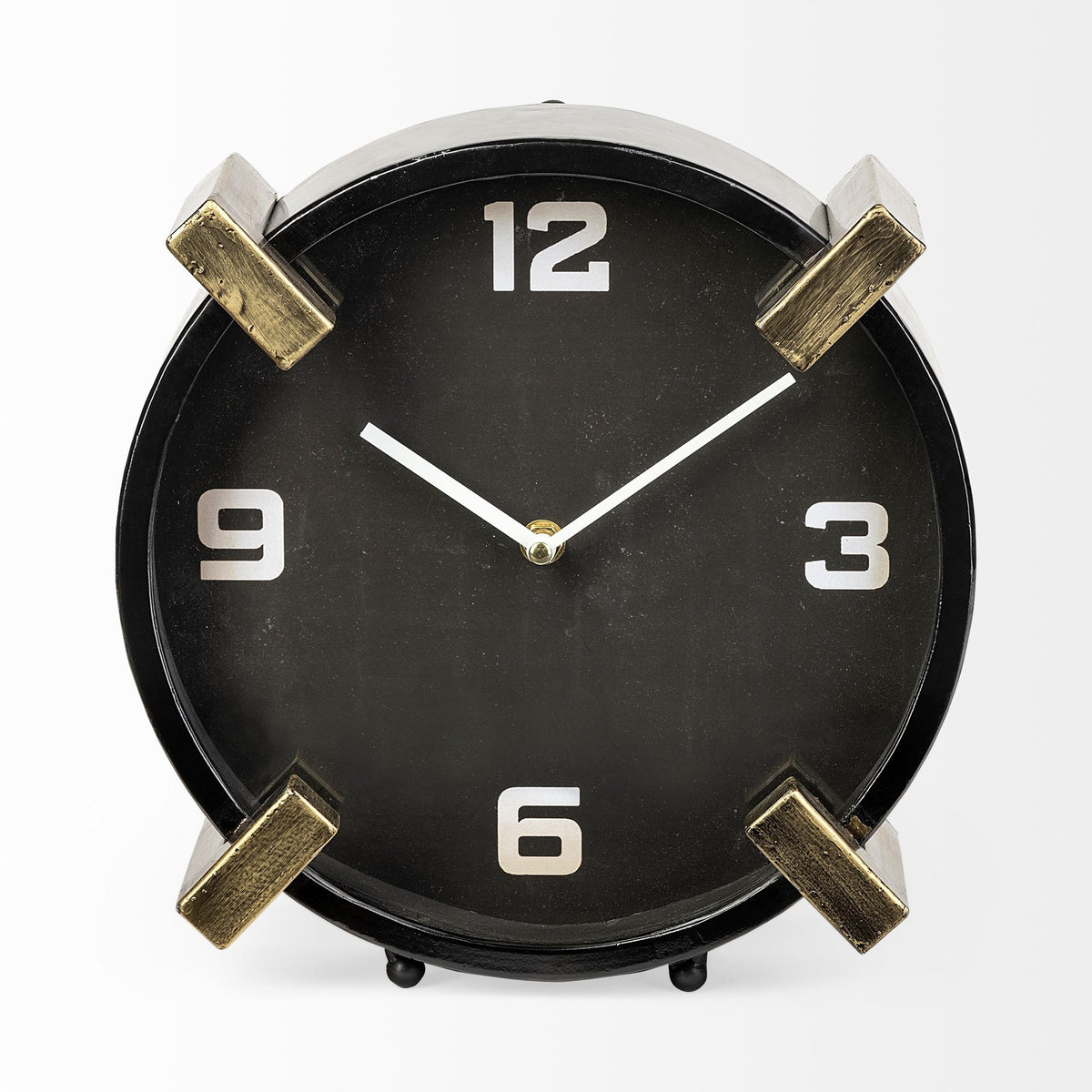 10" Black Stainless Steel Table Clock. Wall clock isolated on a plain white background, finished in black metal.