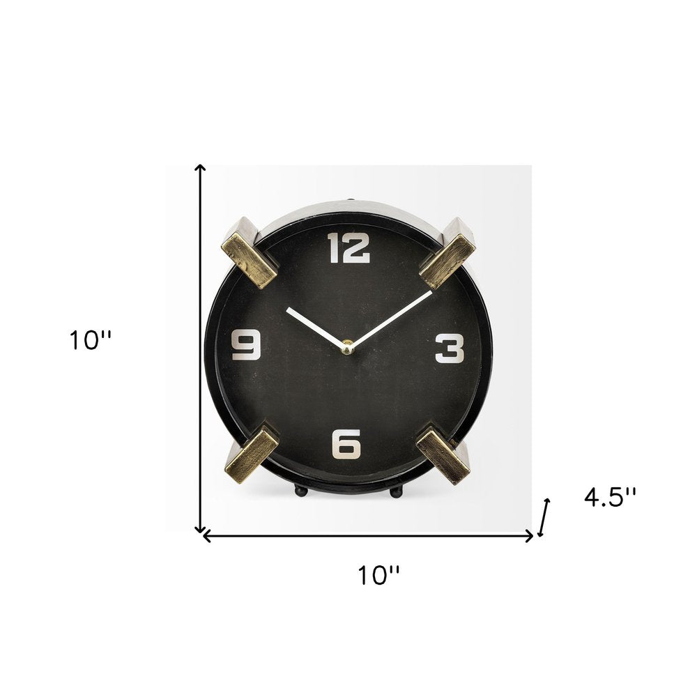 10" Black Stainless Steel Table Clock. Wall clock isolated on a plain white background, showing a black metal surface.