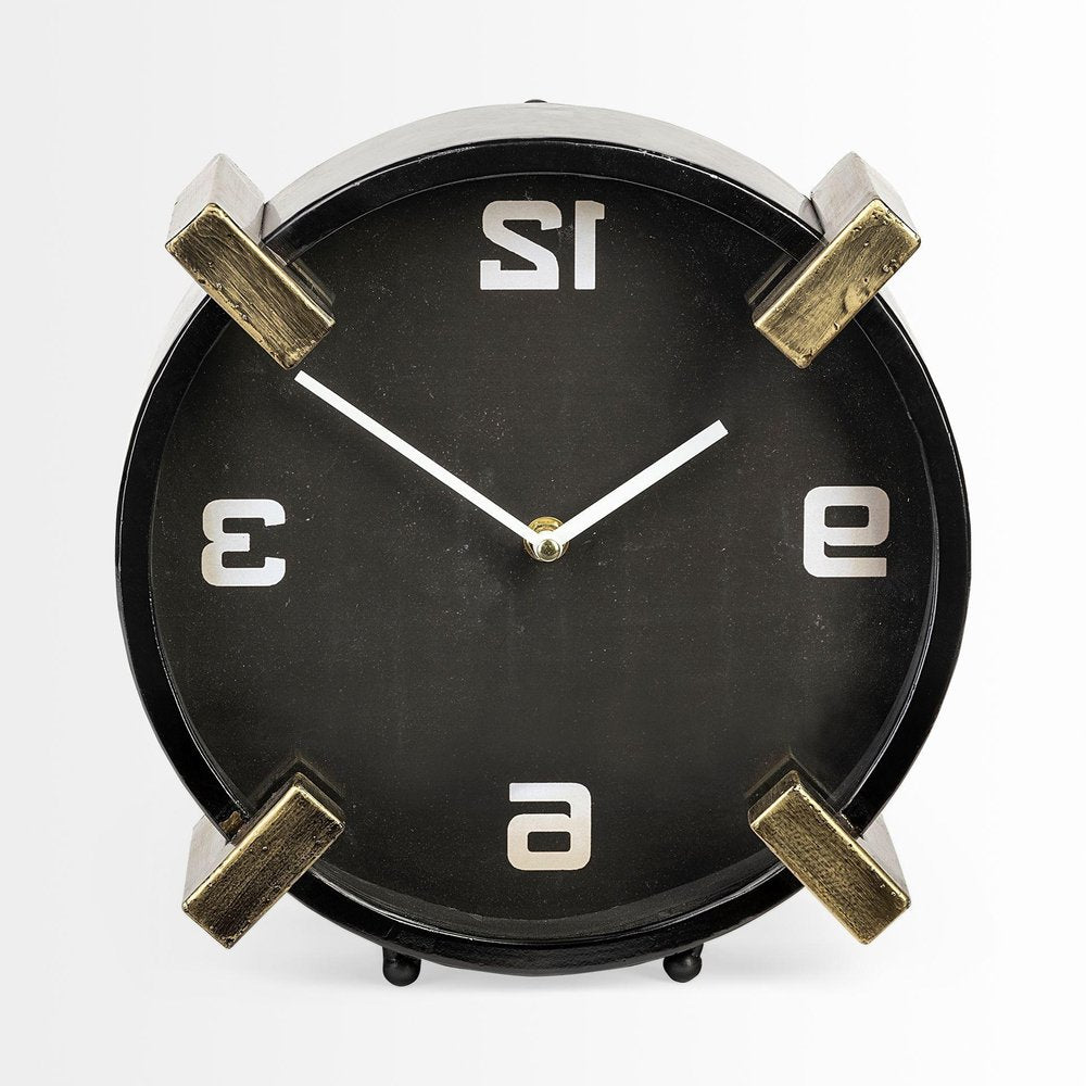 10" Black Stainless Steel Table Clock. Wall clock isolated on a plain white background, finished in black metal.