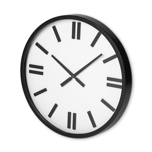 A 24-inch round modern wall clock with a white face, black frame, and black hour markers on a white background.