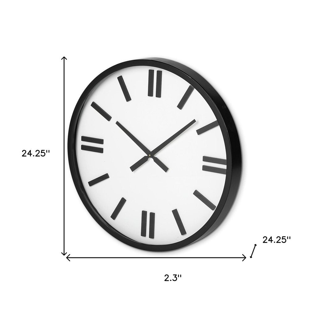 24" Round Large Modern Wall Clock With White Face And Non-Numarical Number. Wall clock isolated on a plain white background, finished in black.