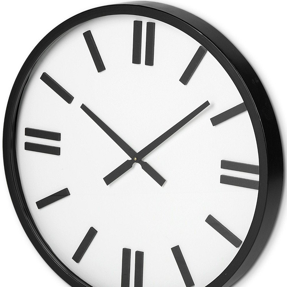 24" Round Large Modern Wall Clock With White Face And Non-Numarical Number. Wall clock isolated on a plain white background, showing its black color.
