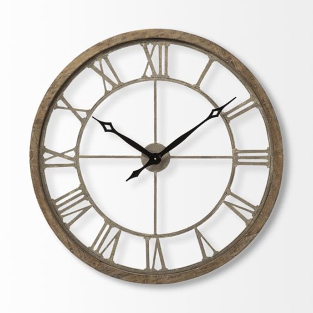 32" Circle Brown Metal Skeleton Wall Clock. Wall clock isolated on a plain white background, showing a brown metal surface.