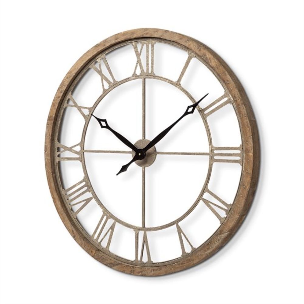 32" Circle Brown Metal Skeleton Wall Clock. Wall clock isolated on a plain white background, finished in brown metal.