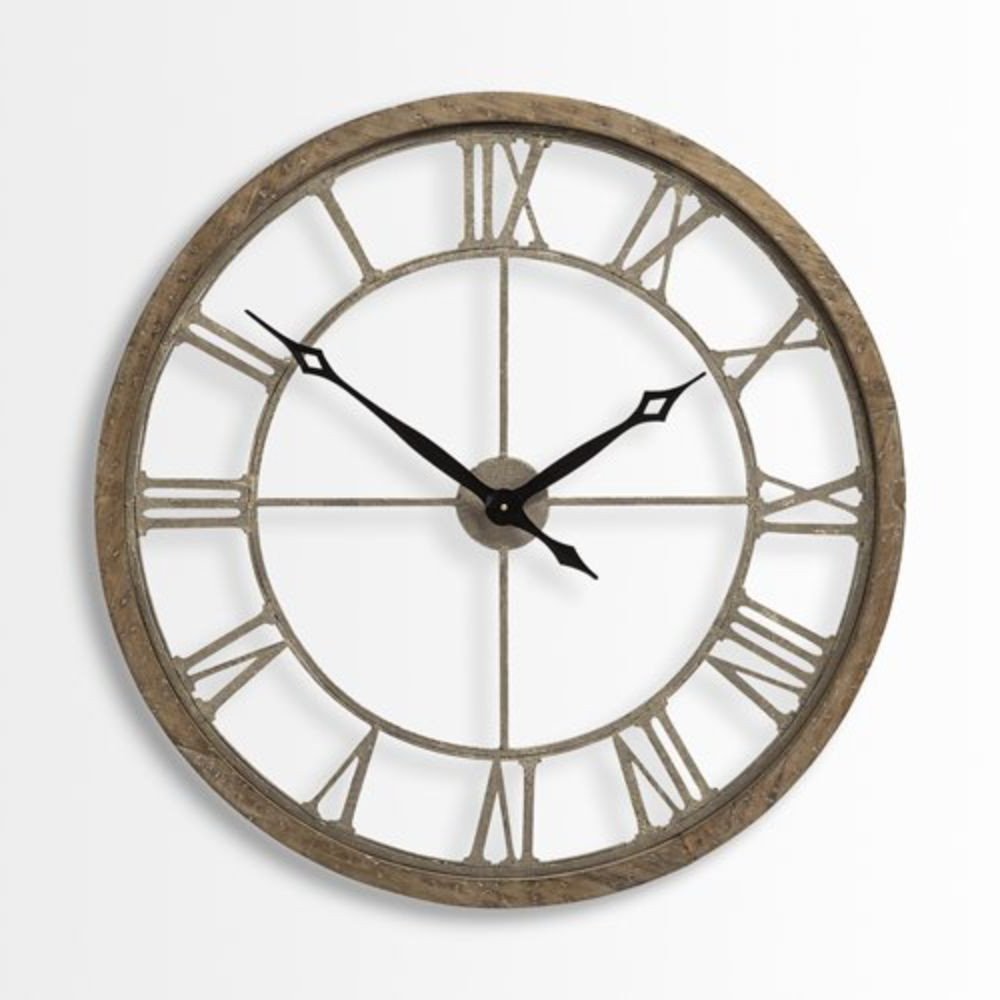 32" Circle Brown Metal Skeleton Wall Clock. Wall clock isolated on a plain white background, finished in brown metal.