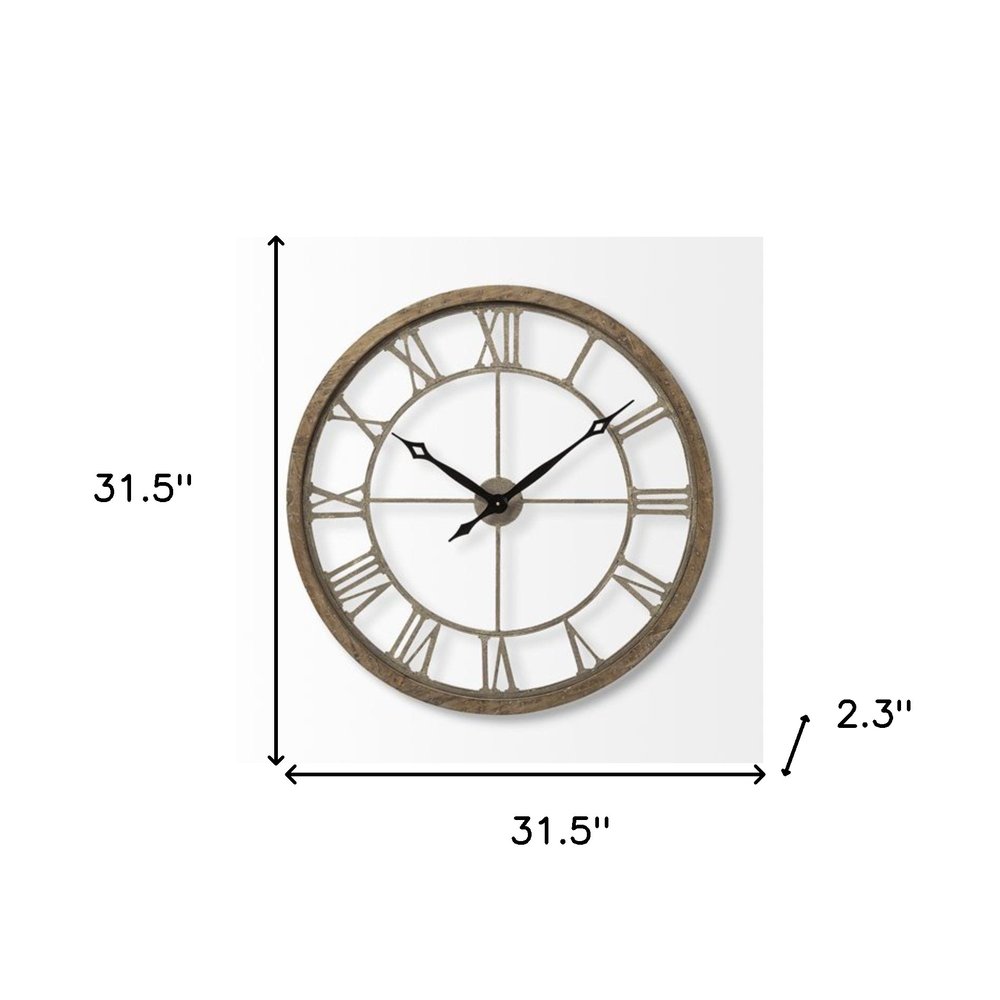 32" Circle Brown Metal Skeleton Wall Clock. Wall clock isolated on a plain white background, showing a metal surface.