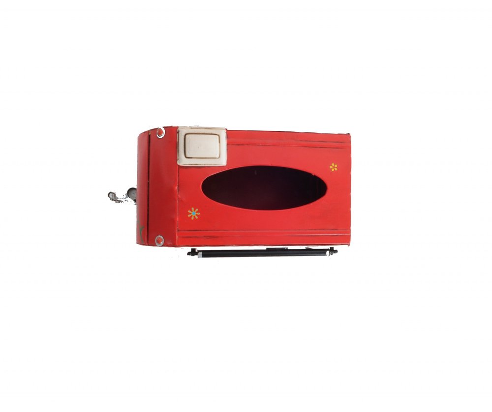 Red Camper Trailer Model Tissue Holder on a white background