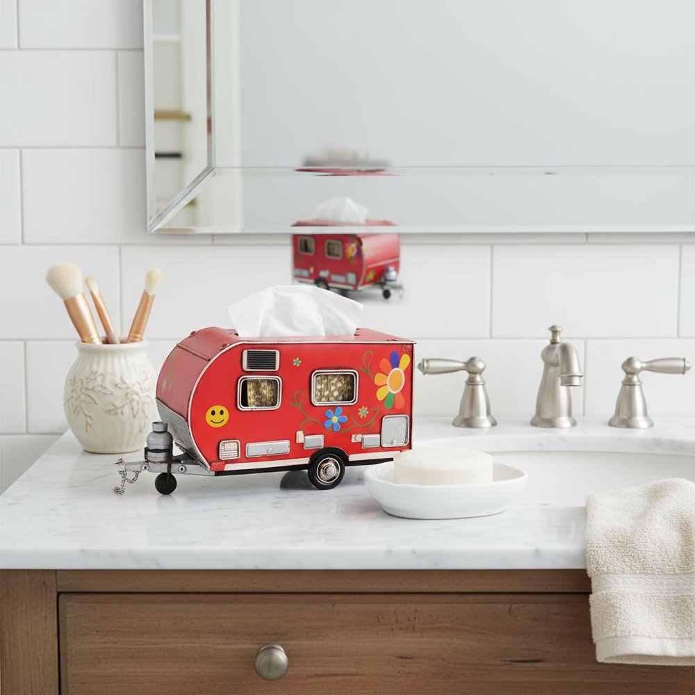Red Camper Trailer Model Tissue Holder in a home interior