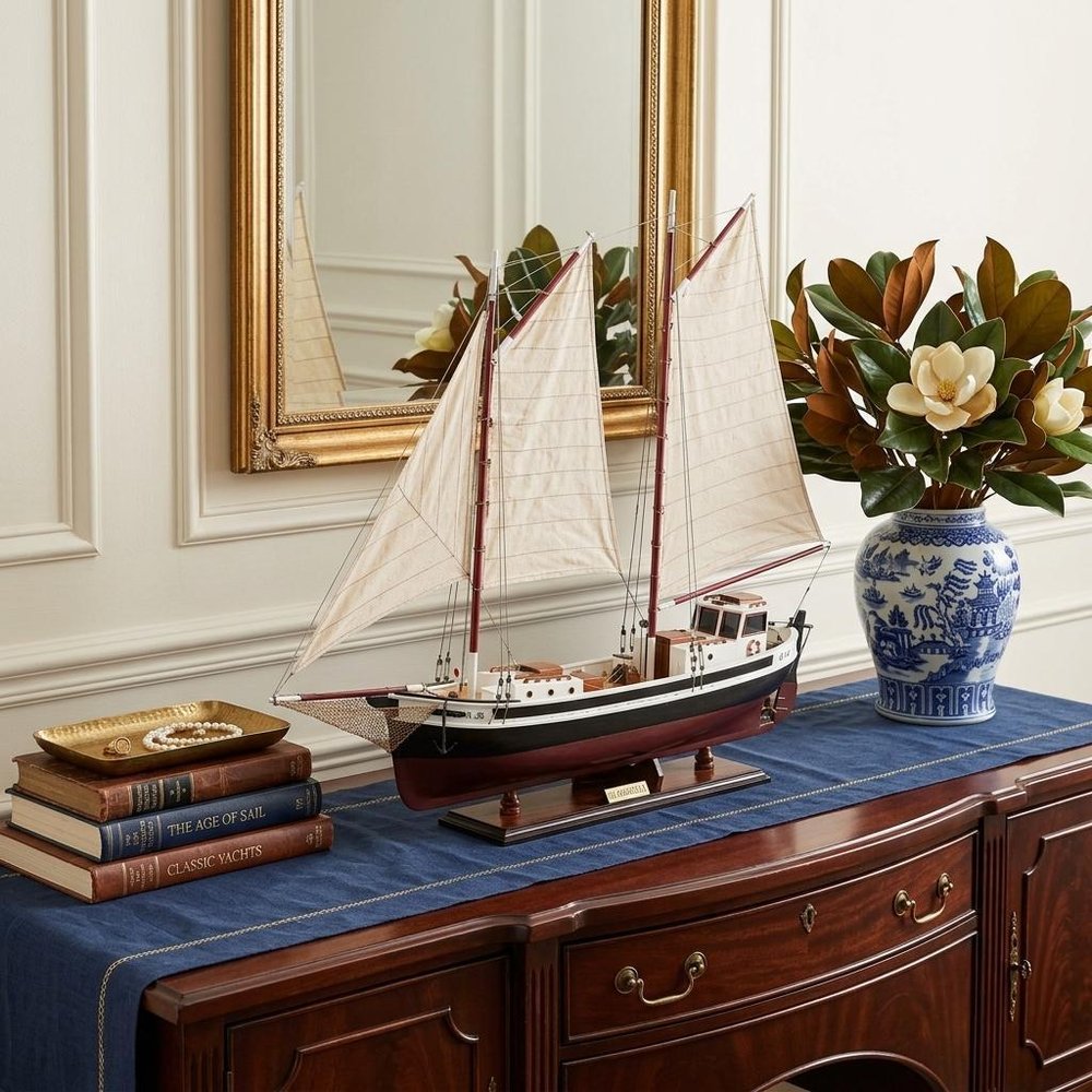 31" Black and White Solid Wood Hand Painted Model Boat Tabletop Sculpture