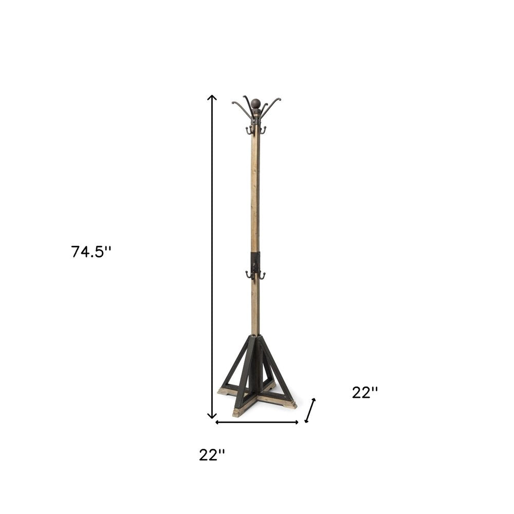 75" Black And Brown Solid Wood And Steel Twelve Hook Freestanding Coat Rack