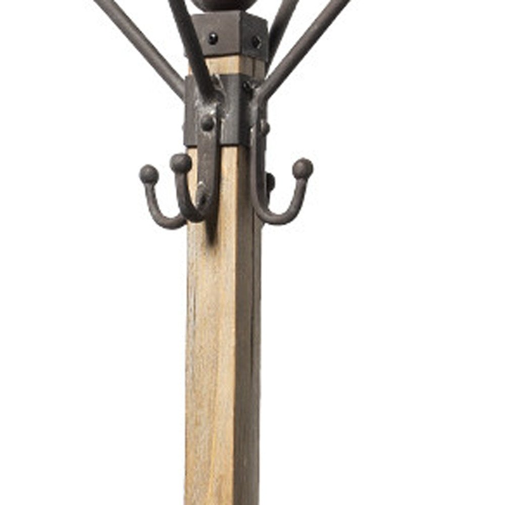 75" Black And Brown Solid Wood And Steel Twelve Hook Freestanding Coat Rack