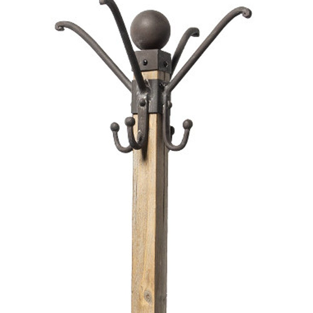 75" Black And Brown Solid Wood And Steel Twelve Hook Freestanding Coat Rack