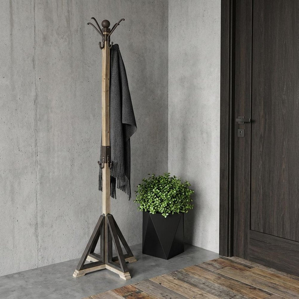 75" Black And Brown Solid Wood And Steel Twelve Hook Freestanding Coat Rack in a home interior