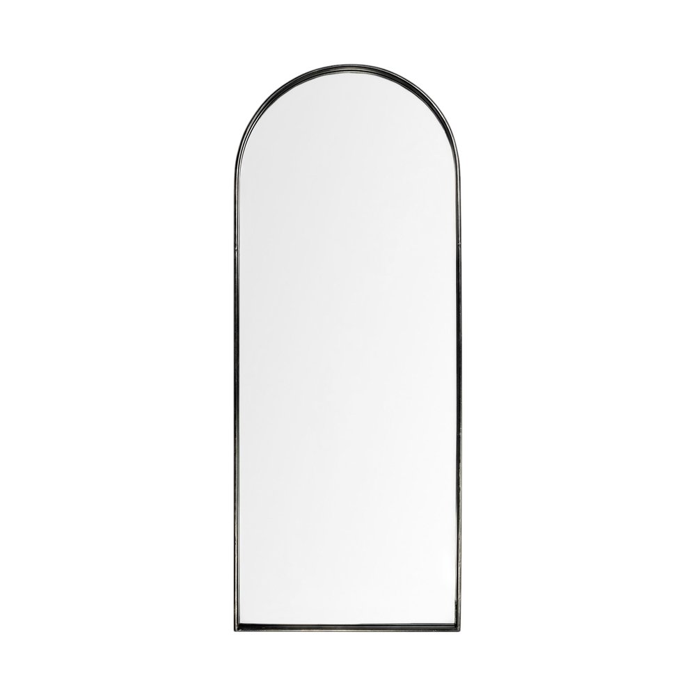 70" Black Metal Arch Framed Full Length Hanging Mirror on a white background