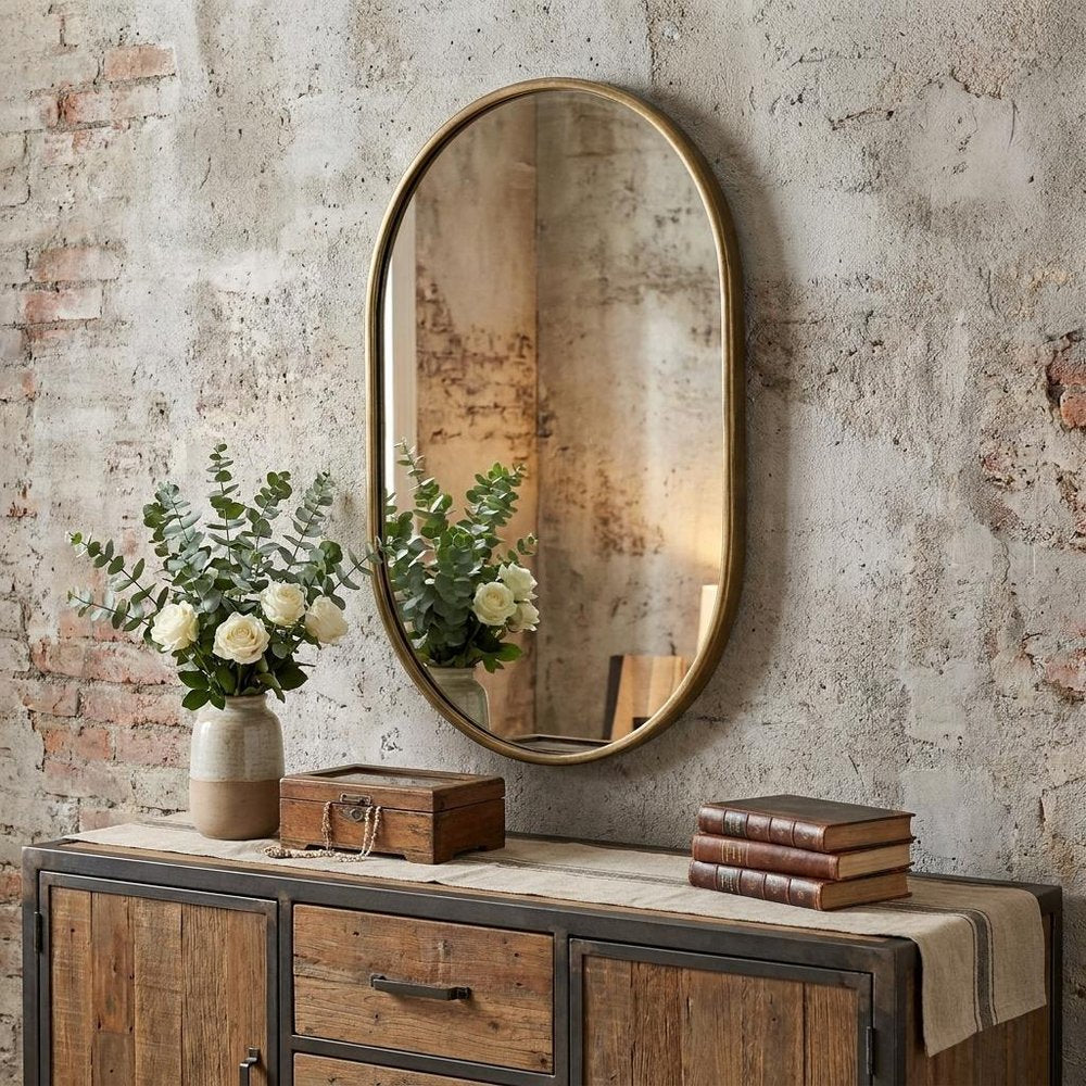 Gold Oval Accent Metal Mirror in a home interior