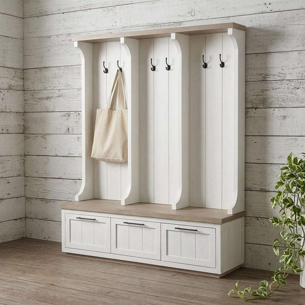 76" White Solid Wood Six Hook Freestanding Coat Rack in a home interior