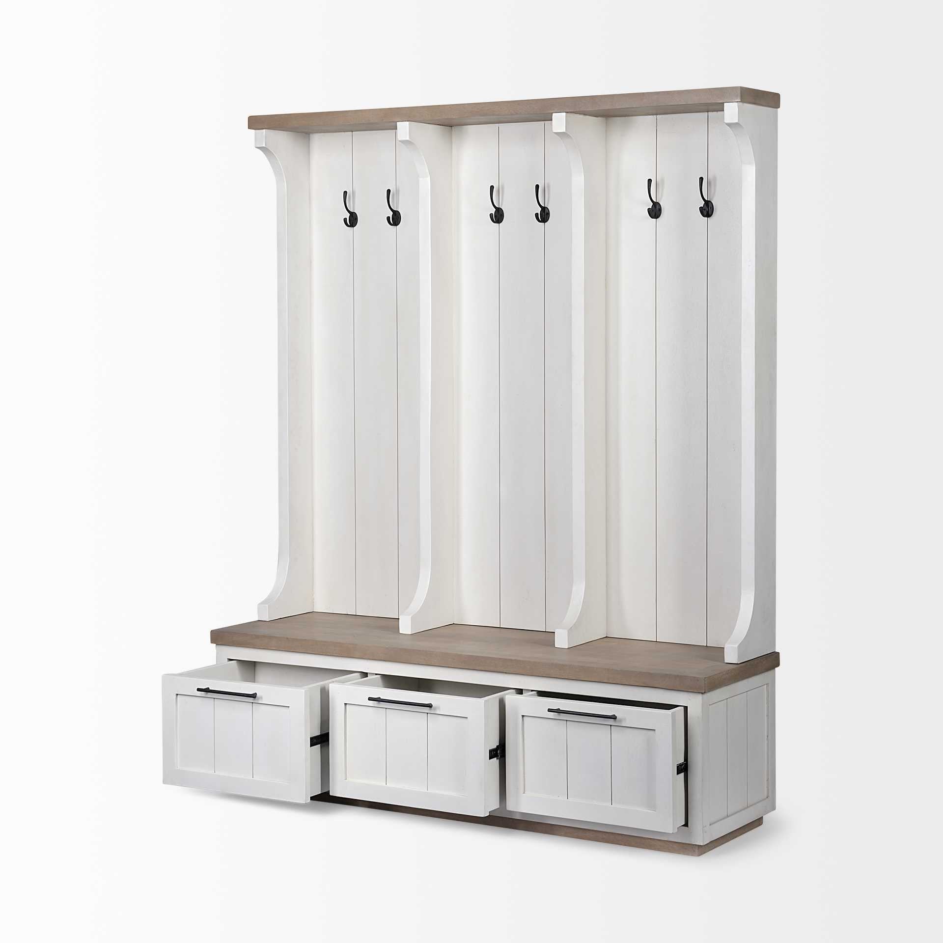 76" White Solid Wood Six Hook Freestanding Coat Rack