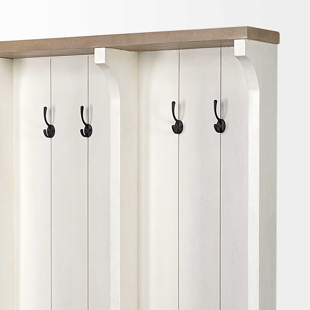 76" White Solid Wood Six Hook Freestanding Coat Rack on a white background