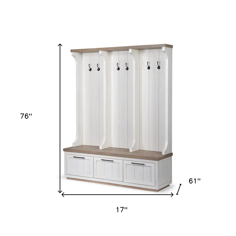 76" White Solid Wood Six Hook Freestanding Coat Rack on a white background