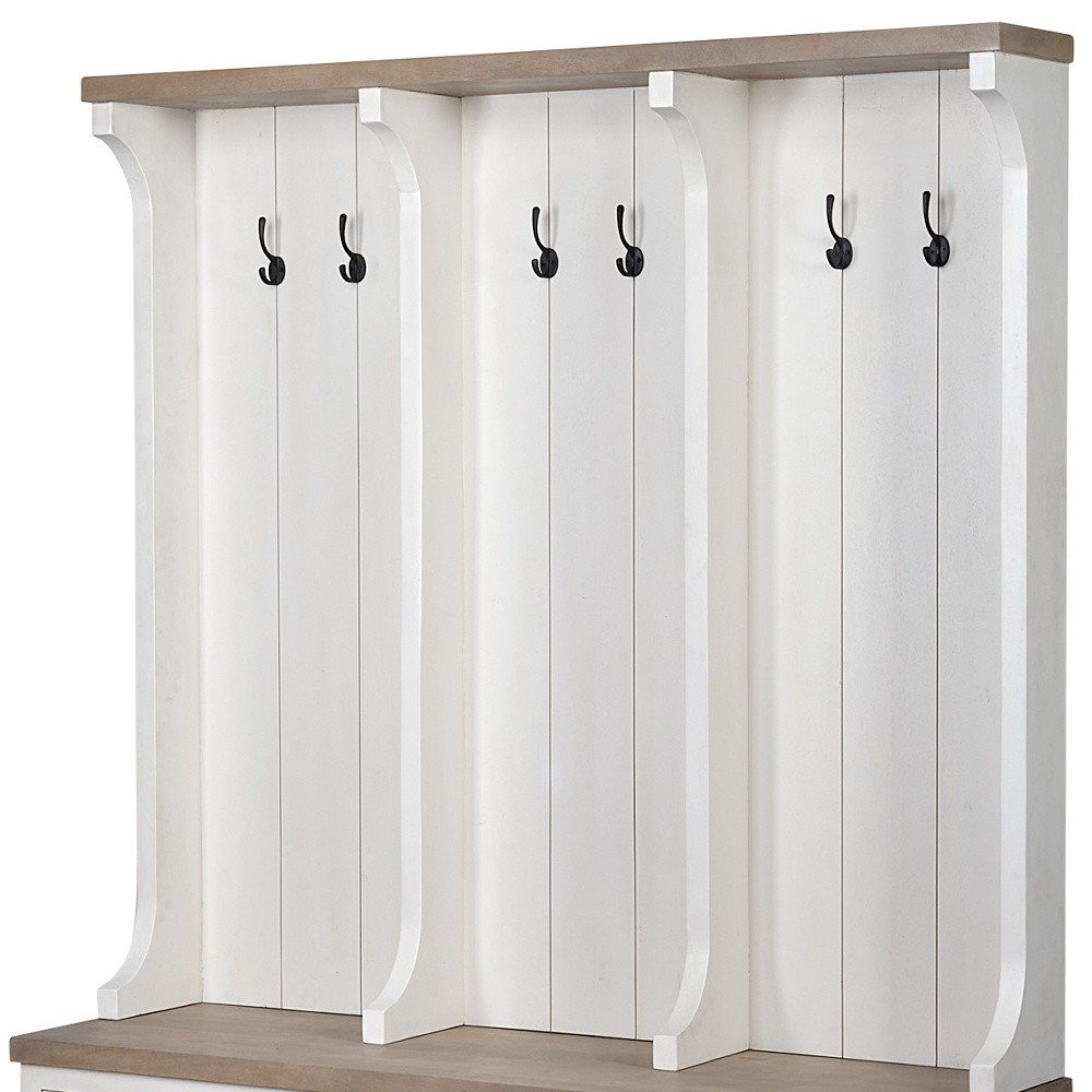 76" White Solid Wood Six Hook Freestanding Coat Rack on a white background