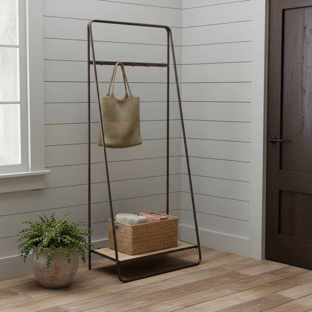 Black Pipe Metal And Wood Shelf Hall Tree in a home interior