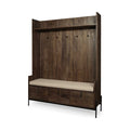 Brown Wood Cream Fabric Wrapped Seat Hall Tree With Storage on a white background